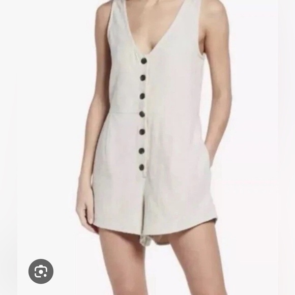 Madewell Tan Button-Front Jumpsuit v neck linen summer rompers - Picture 6 of 11